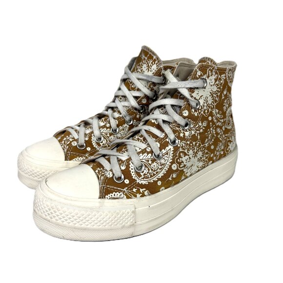 Converse Women's High Top Platform Sneakers Mustard Yellow Paisley Print Size 8 - Picture 1 of 9